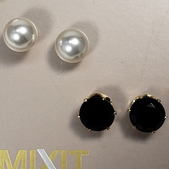 3-Pair Gold-Tone CZ Stud Earrings – Crystal, Faux Pearl, Black – Hypoallergenic - Picture 6 of 9